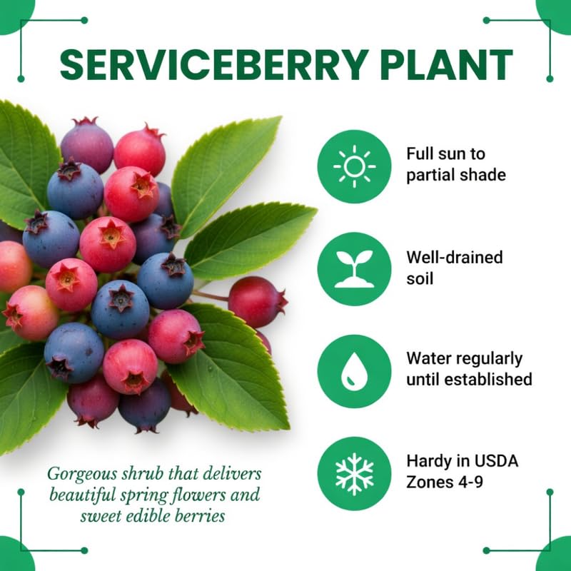 Serviceberry Tree Live Plant, Serviceberry Plant, 2-3 Years Old Plant, 16-24 Inc Tall, Sweet Edible Berries for Outdoor Garden