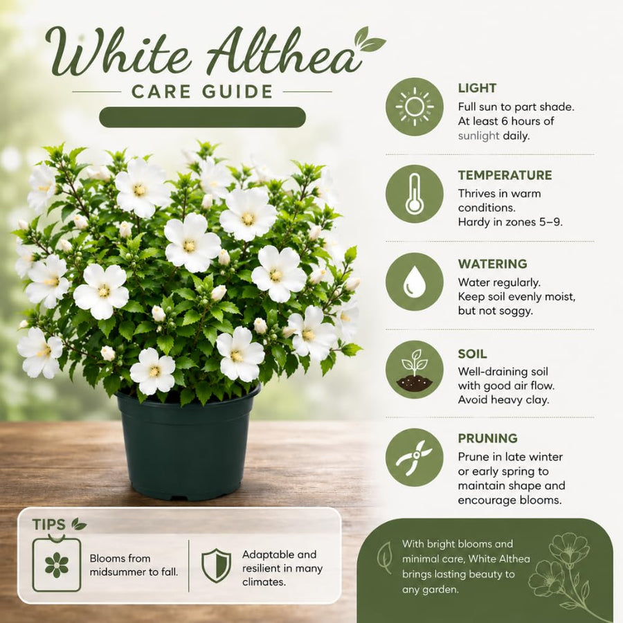 White Rose of Sharon Plant Live, Rose of Sharon Plant, Quart Pot, 6-10 Inches Tall, Soft Bloom, White Althea for Indoor Outdoor Growing