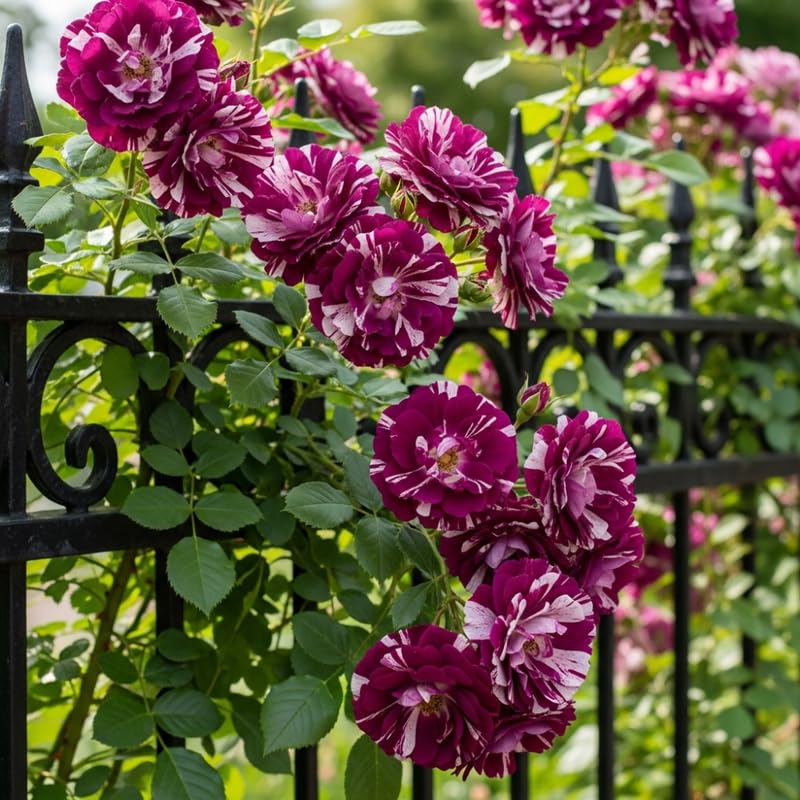 Climbing Bush Roses for Garden, Fragrant and Hardy Rose Plants for Outdoor Planting, No Pot, 5 to 9 Inc Tall Starter Plant Well-Rooted, Purple Red Stripes Blooms