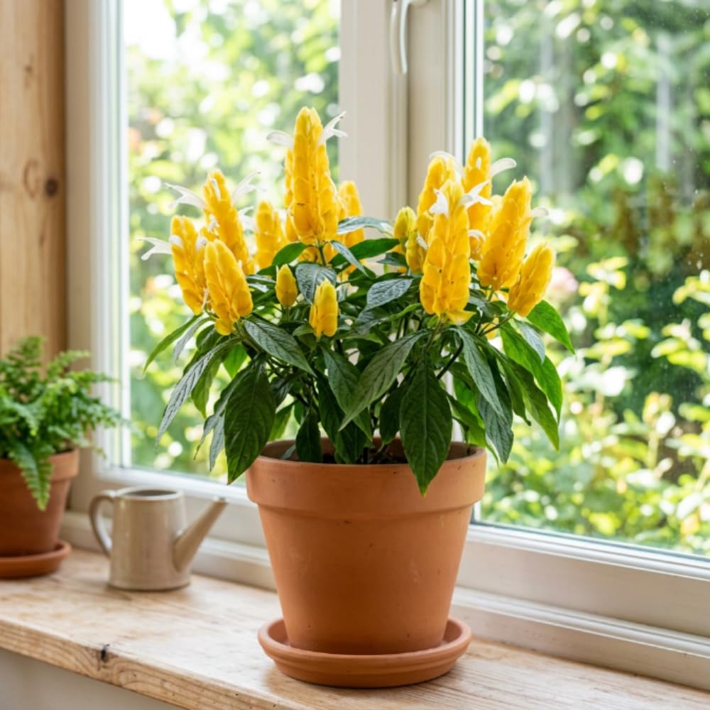 Set 2 Shrimp Plants Live, Shrimp Plants, 5-7 Inc Tall, Easy Care Houseplant, Tropical Yellow Blooms for Indoor Outdoor Growing