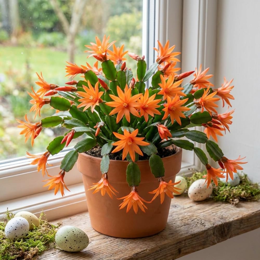 Easter Cactus Live Plant, Easter Cactus Plant 5 Inches in Height, 4 Inch Pot, Bright Bloom Flowering Houseplant for Planting (Orange)