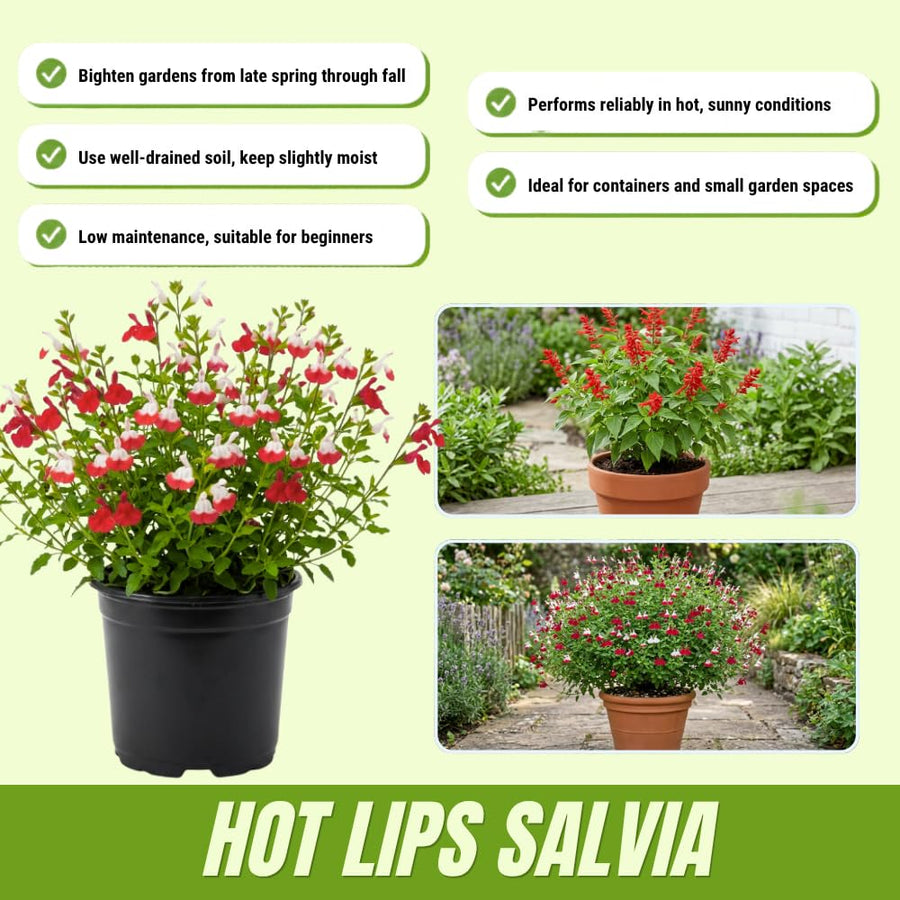 2 Salvia Plants, Hot Lips Salvia Live Plants, 4-6 Inches Tall, 4 Inches Pot, Long Blooming Red White Flowers for Indoor Outdoor Growing