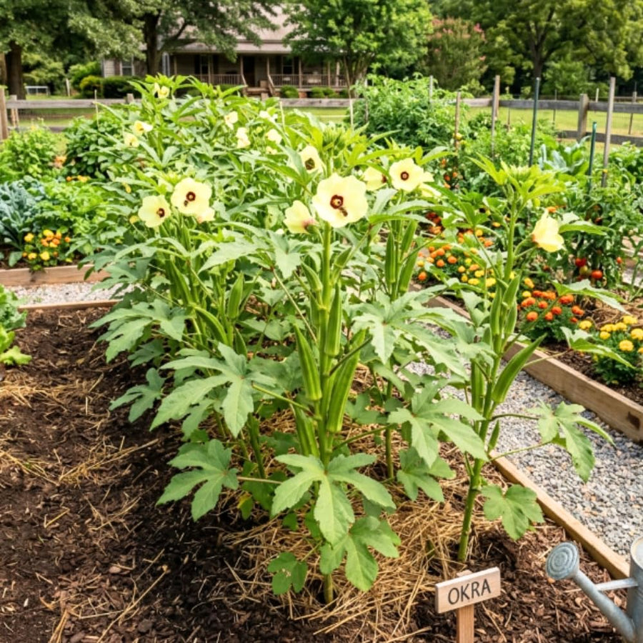 Okra Live Plant, Green Okra Plant from 3-5 Inches Tall, 4" Pot, Fast Growing Vegetable Plant for Raised Beds and Home Gardens, 2 Plant Per Pot