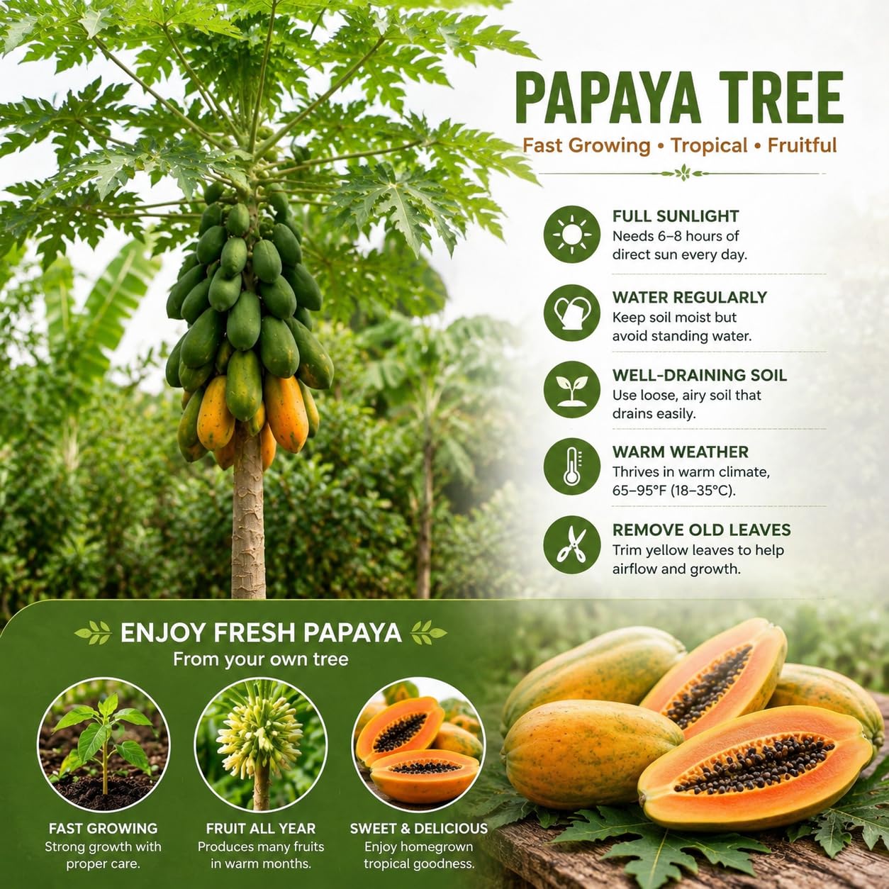 Dwarf Papaya Tree Plant Live in Half Gallon Pot, Tropical Papaya Plant 7-12 Inches Ready to Grow, Tropical Frui Tree Outdoor Growing