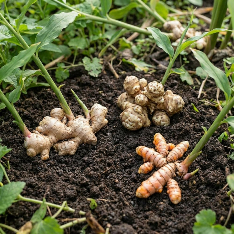 Set 3 Ginger, Jerusalem Artichoke and Turmeric Rhizomes for Garden Planting, Fresh Heirloom Roots for Gardens, Ready to Plant