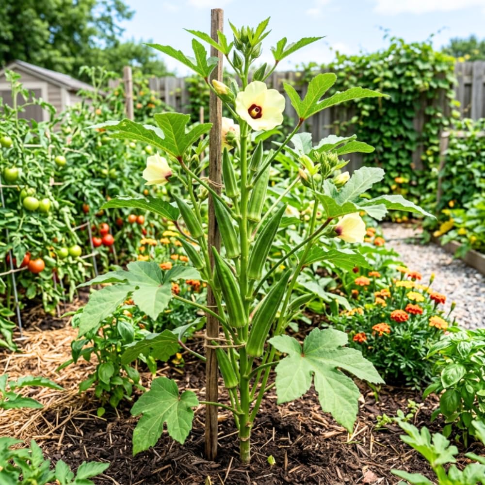 Okra Live Plant, Green Okra Plant from 3-5 Inches Tall, 4" Pot, Fast Growing Vegetable Plant for Raised Beds and Home Gardens, 2 Plant Per Pot