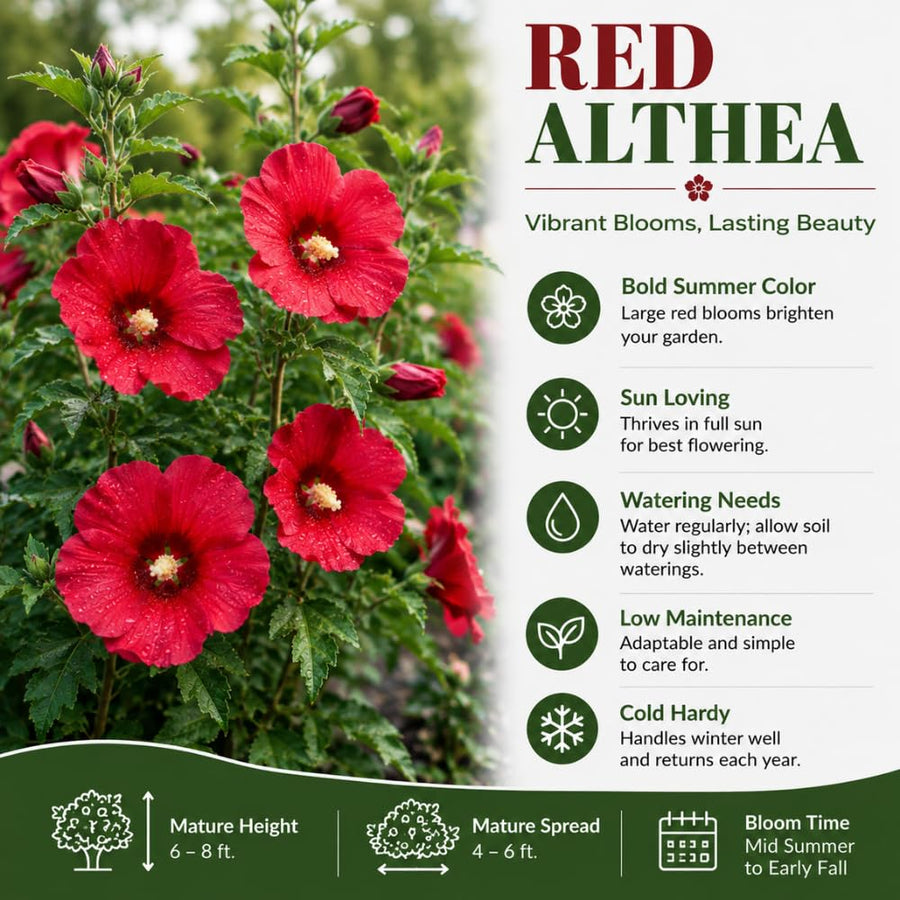 Red Rose of Sharon Plant Live, Rose of Sharon Plant, Quart Pot, 6-10 Inches Tall, Vibrant Bloom, Red Althea for Indoor Outdoor Growing