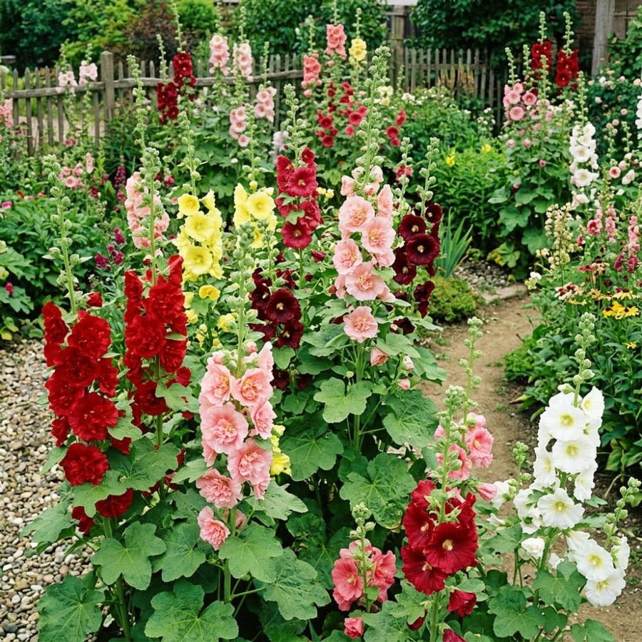 Set 2 Mix Double Hollyhock Plants Live Bare Roots, Hollyhock Flower Live Plant Well Rooted, Annual Flower, 4 to 7'' Long