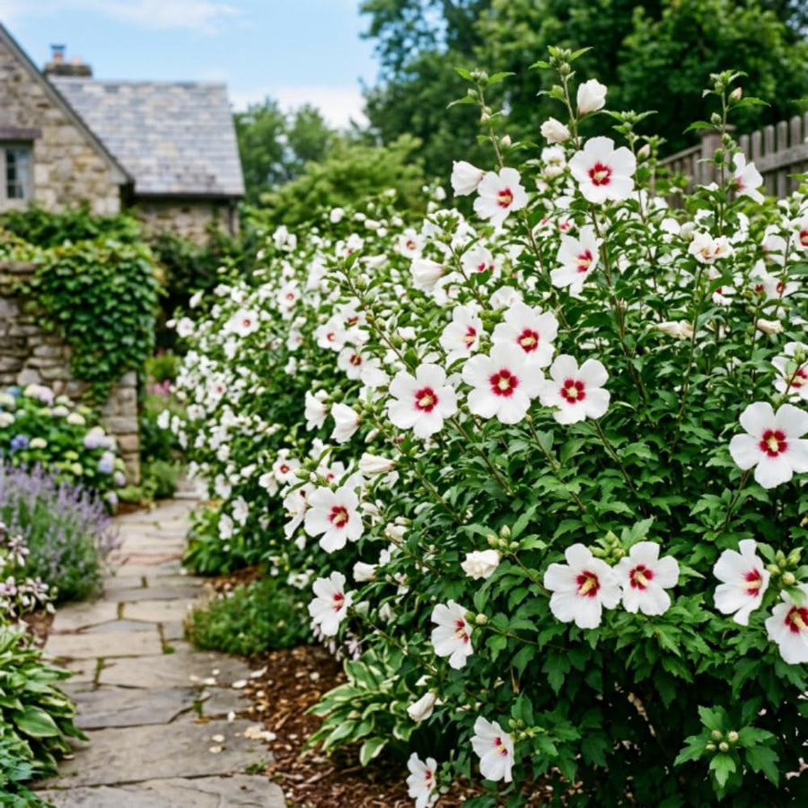 White Red Rose of Sharon Plant Live, Rose of Sharon Plant, Quart Pot, 6-10 Inches Tall, Vibrant Bloom, White Red Althea for Indoor Outdoor Growing