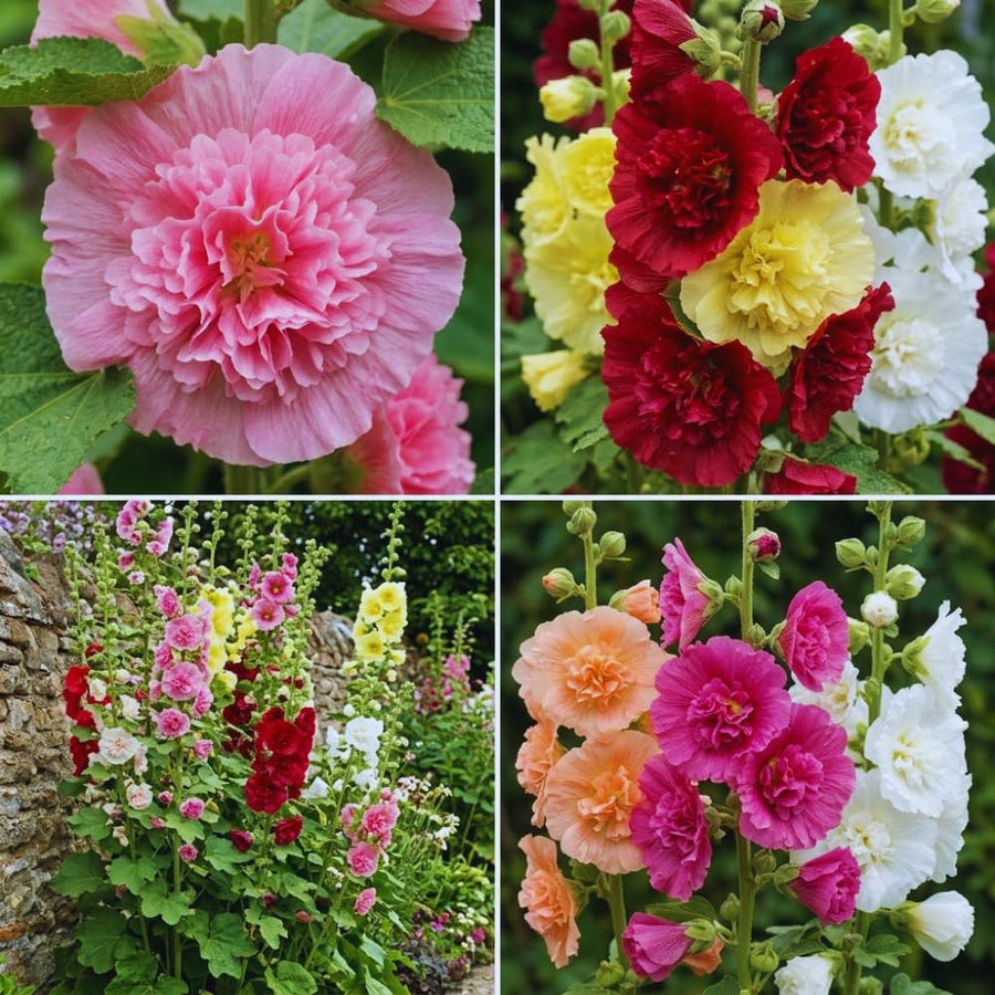 Set 2 Mix Double Hollyhock Plants Live Bare Roots, Hollyhock Flower Live Plant Well Rooted, Annual Flower, 4 to 7'' Long