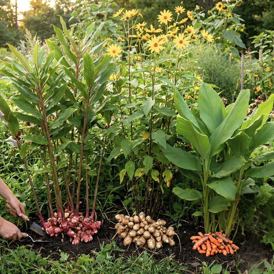 Set of 3 Ginger, Turmeric and Jerusalem Artichoke Rhizomes, Edible Root Plants for Garden, Fresh, Large Size, Ready to Grow