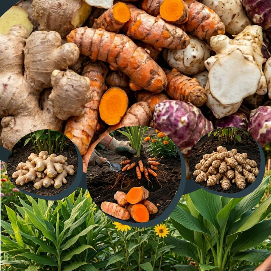 9 Edible Root Plants of Ginger Roots, Turmeric Roots, Jerusalem Artichoke Tubers, Large Size, Fresh & Ready to Grow in Garden, Each Types 3 Tubers Rhizomes