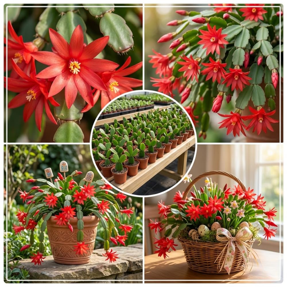Easter Cactus Live Plant, Easter Cactus Plant 5 Inches in Height, 4 Inch Pot, Bright Bloom Flowering Houseplant for Planting (Red)