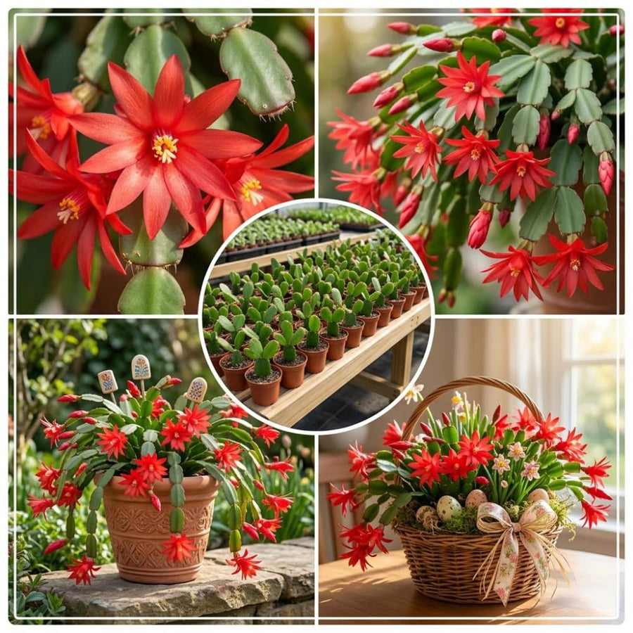 Easter Cactus Live Plant, Easter Cactus Plant 5 Inches in Height, 4 Inch Pot, Bright Bloom Flowering Houseplant for Planting (Red)
