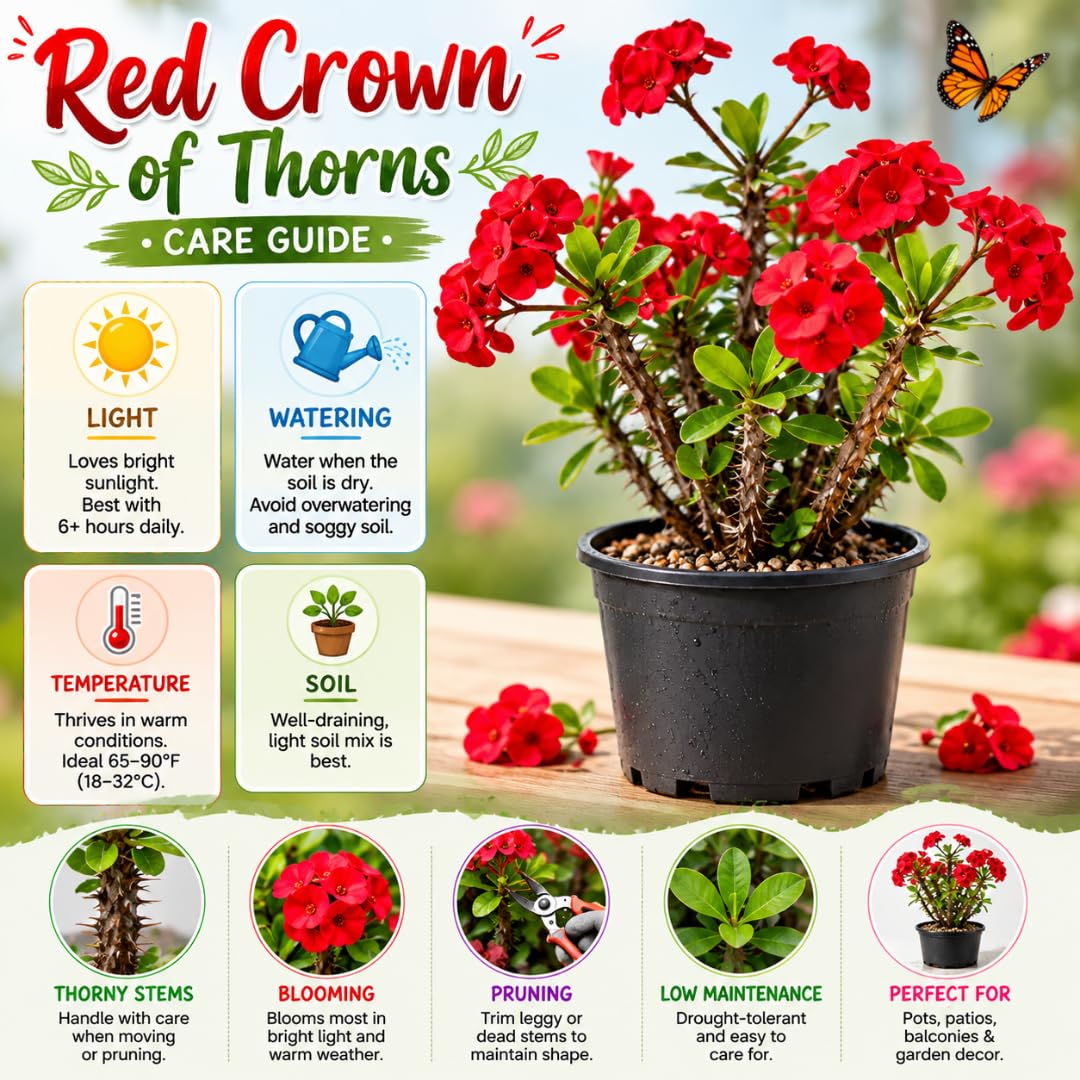 Live Red Crown of Thorns Plant, Hardy Crown of Thorns Succulent, 4 Inch Pot for Outdoor or Indoor Growing