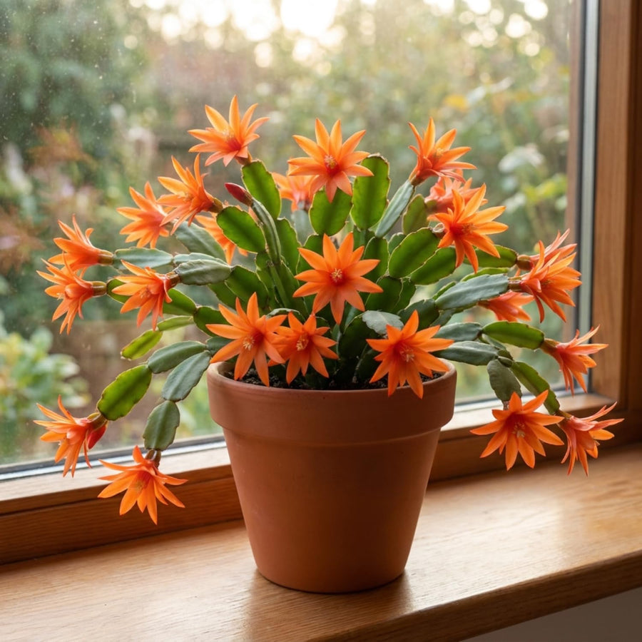 Orange Easter Cactus Plant Live, Vibrant Blooming Cactus, 6'' Tall in 4 Inches Pot, Holiday Cactus, Flowering Succulent for Indoor Outdoor Planting