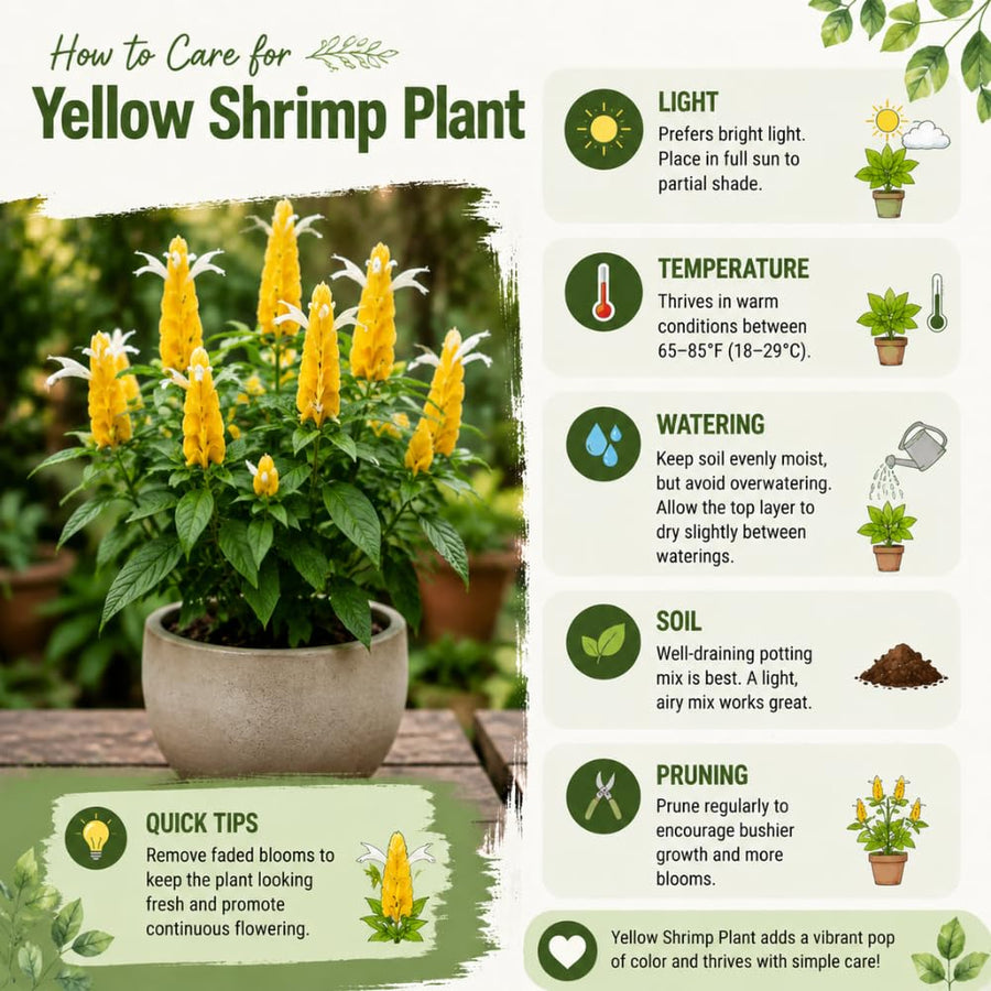 Set 2 Shrimp Plants Live, Shrimp Plants, 5-7 Inc Tall, Easy Care Houseplant, Tropical Yellow Blooms for Indoor Outdoor Growing