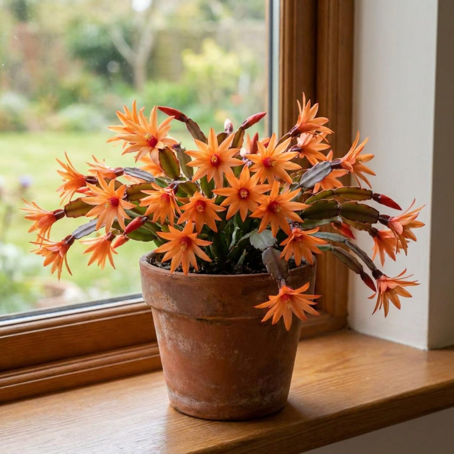 Orange Easter Cactus Plant Live, Vibrant Blooming Cactus, 6'' Tall in 4 Inches Pot, Holiday Cactus, Flowering Succulent for Indoor Outdoor Planting