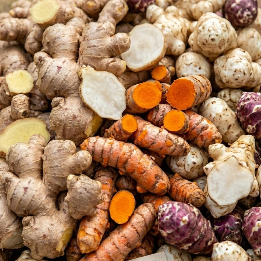 Bundle 9 (L Size) Ginger Roots, Jerusalem Artichoke Tubers and Turmeric Rhizomes for Garden Planting, Fresh Heirloom Roots for Gardens, Ready to Plant