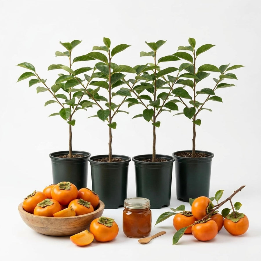 Pack 4 Seedlings of Persimmon Trees Live Plants Dormant, High Yield, 6-12" in Tall, Well Rooted and Bare Root, Cold Hardy American Persimmon