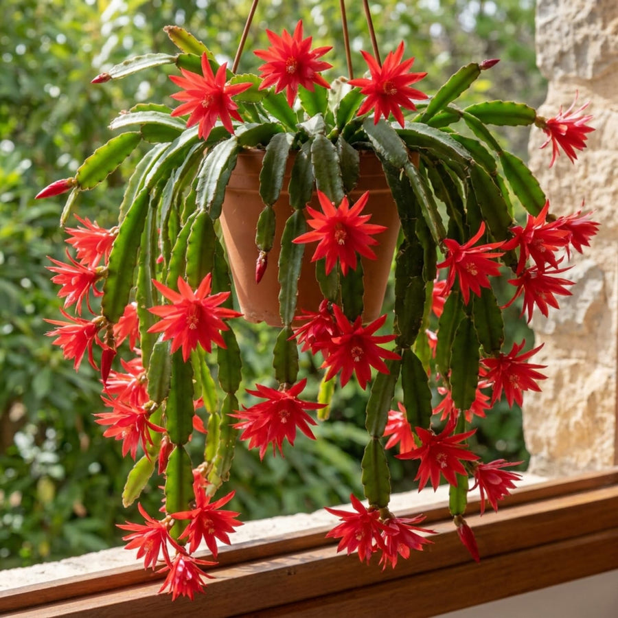 Red Easter Cactus Plant Live, Vibrant Blooming Cactus, 6'' Tall in 4 Inches Pot, Holiday Cactus, Flowering Succulent for Indoor Outdoor Planting
