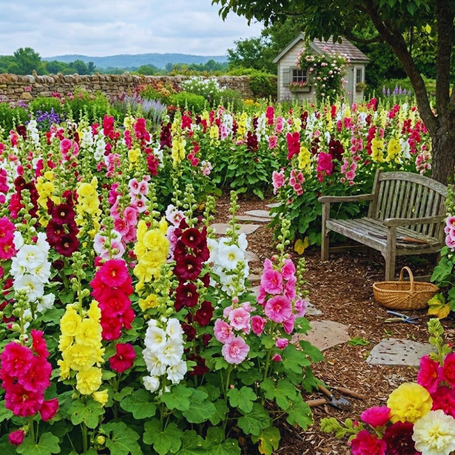 2 Mix Double Hollyhock Plants Live, 4 to 6 Inc Tall, Hollyhock Flower Live Plant Bare Roots, Perennial Flower Garden
