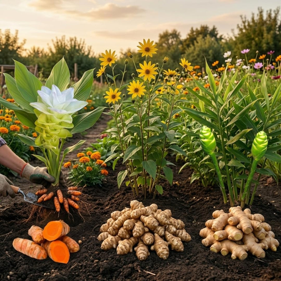 9 Edible Root Plants of Ginger Roots, Turmeric Roots, Jerusalem Artichoke Tubers, Large Size, Fresh & Ready to Grow in Garden, Each Types 3 Tubers Rhizomes