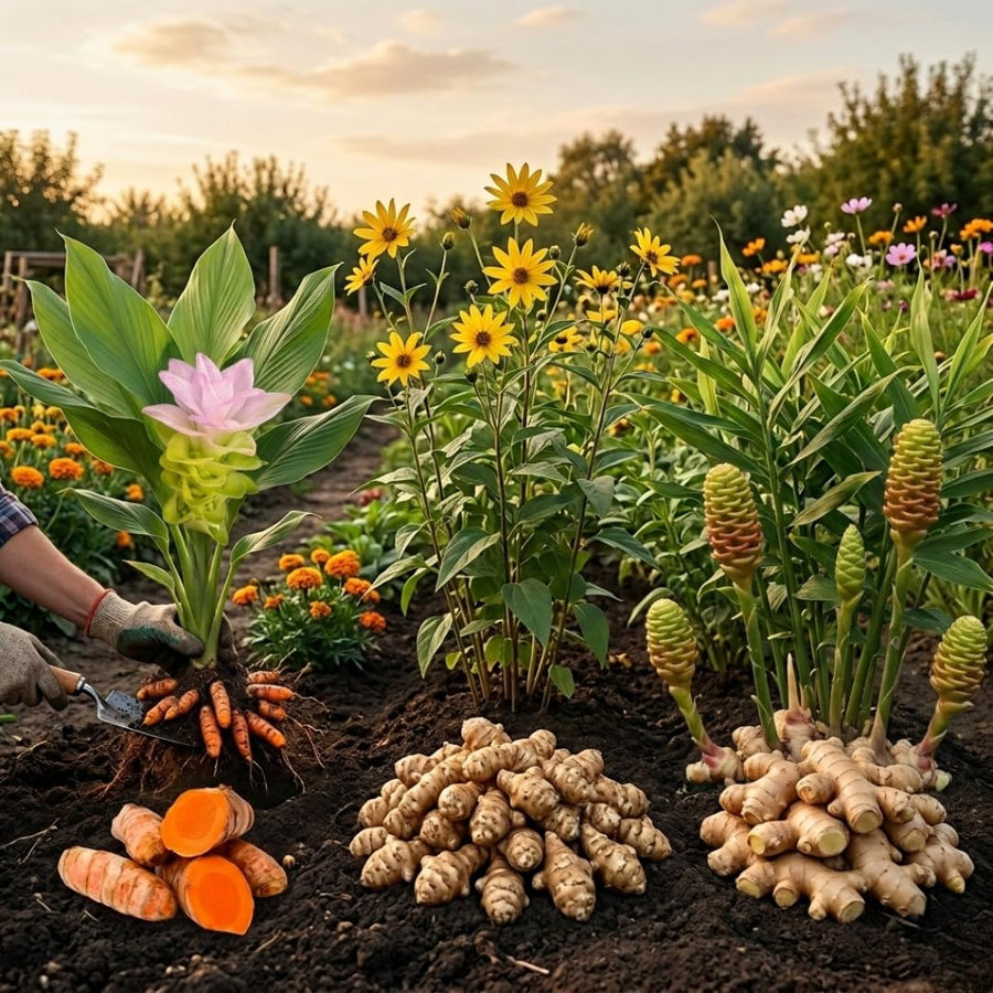 Bundle 9 (L Size) Ginger Roots, Jerusalem Artichoke Tubers and Turmeric Rhizomes for Garden Planting, Fresh Heirloom Roots for Gardens, Ready to Plant