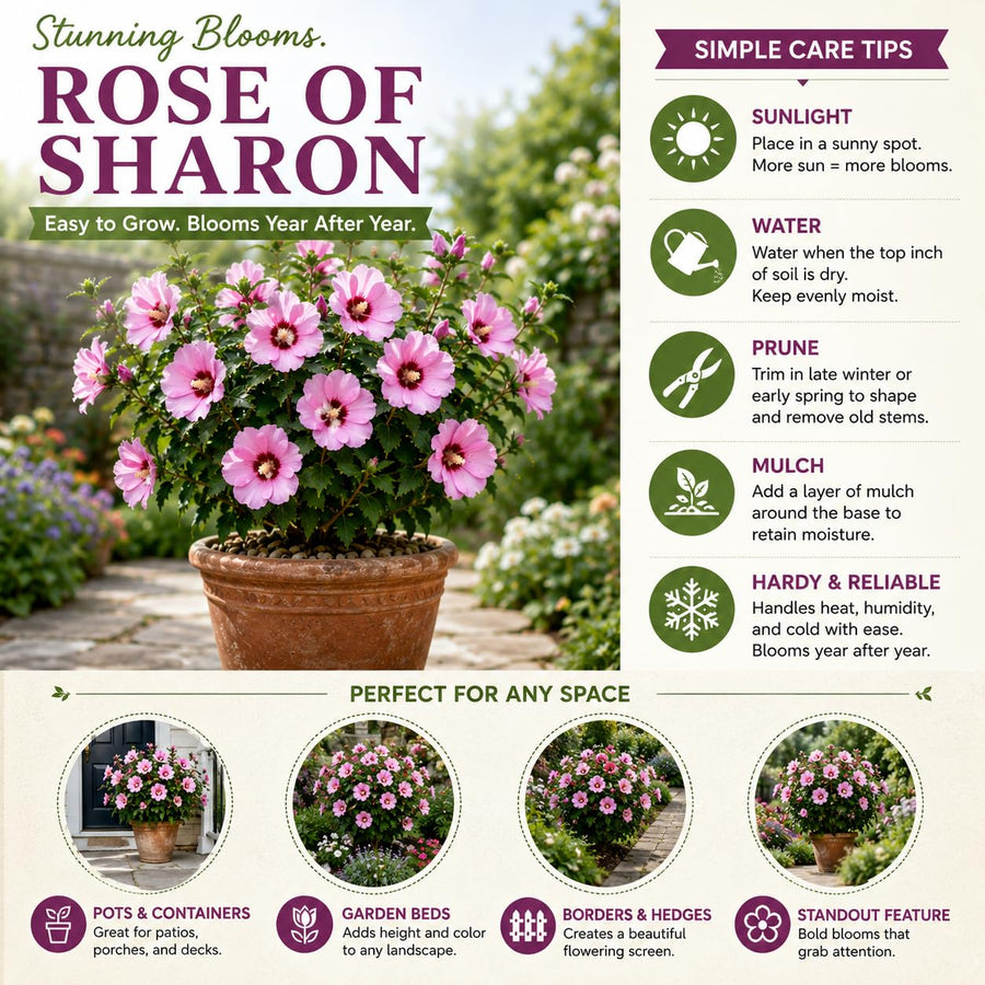 Pink Rose of Sharon Live Plant in Quart Pot, Althea Hibiscus Flowering Shrub for Outdoor Garden