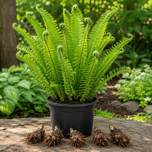 10 Ostrich Fern Live Rhizomes, Shade Perennial Fern Plants for Outdoor Growing, Hardy, Fast Growing