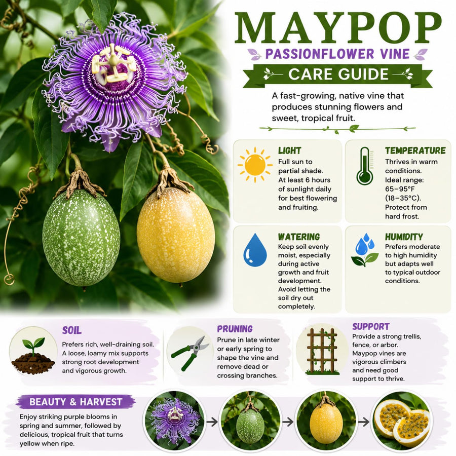 Maypop Passion Flower Live Plant, Passiflora Incarnata Vine, 4-8 Inches Tall, Well Rooted, Purple Passionflower for Outdoor Garden, Hardy Perennial Climbing Vine