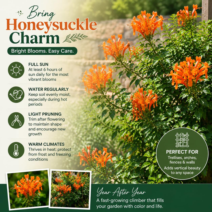 Orange Honeysuckle Plant Live 4-8 Inches, Vibrant Honeysuckle Climbing Plant in 4" Pot, Outdoor Garden Planting