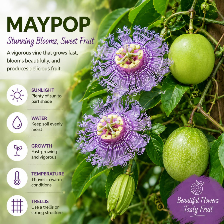Passiflora Incarnata Maypop Live Plant, Purple Passion Flower Vine, 4-8'' Tall, Cold Hardy Perennial for Patio, Trellis and Outdoor Garden, Well Rooted Starter Plant