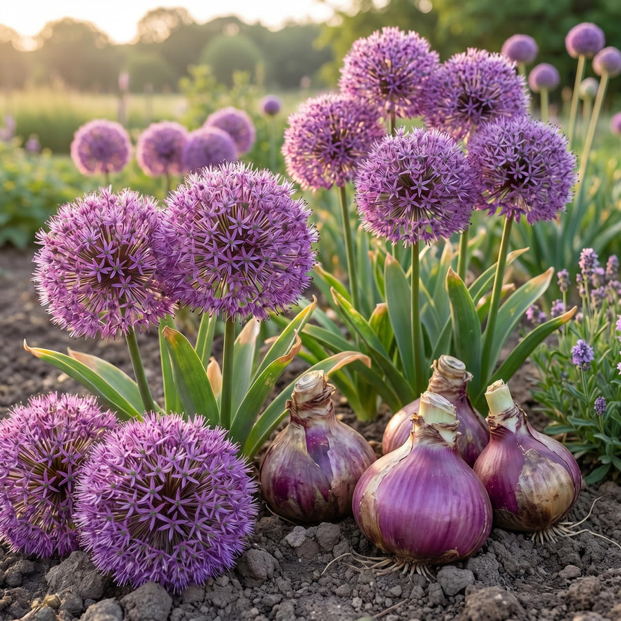 3 Purple Allium Bulbs for Planting, Decorative Flower Bulbs, Tall Blooming Garden Plants for Outdoor Beds and Borders